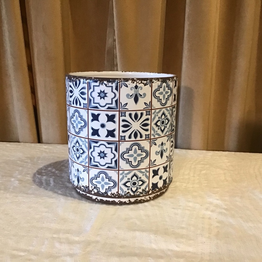 Navy Blue, Cream & Rustic Tile look Ceramic Utensil Holder – Rustic Farmhouse –